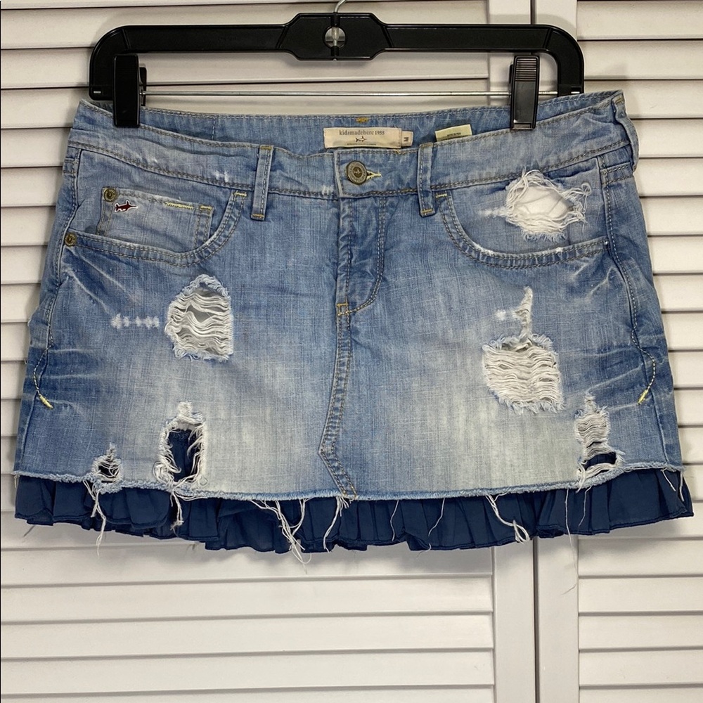 Ripped Denim Mini Skirt with Navy Ruffle